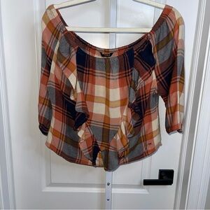 ONLY Plaid Off Shoulder Top EU Size 38 (US M) Boho Flowy Ruffle Peasant Blouse
